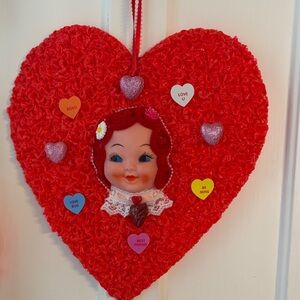 Vintage Valentine Melted Popcorn Plastic Red Heart Wall Hanging with doll face